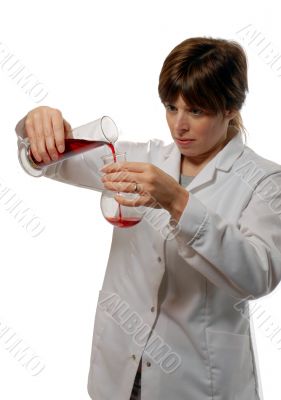 horrified lady technician pouring liquid