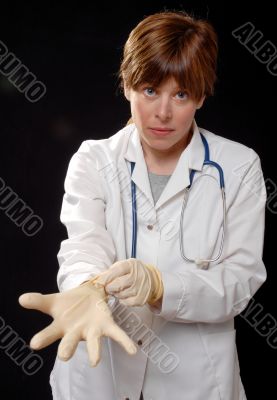masked with latex gloves