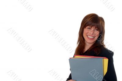 attractive friendly female business executive with files