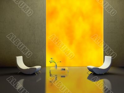Elegant interior with two white armchairs 3D rendering