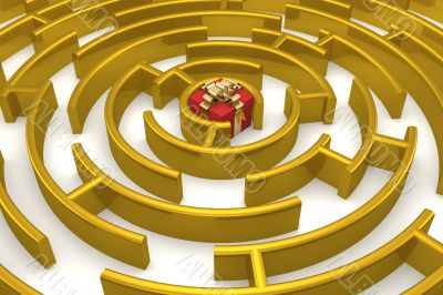 Gold labyrinth with a prize. 3D image.