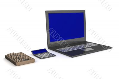 Abacus, calculator, laptop. Development of technologies. 3D image.