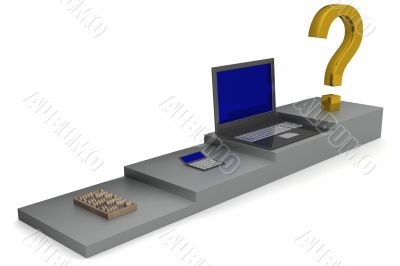 Abacus, calculator, laptop. Development of technologies. 3D image.