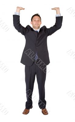 business man holding something up
