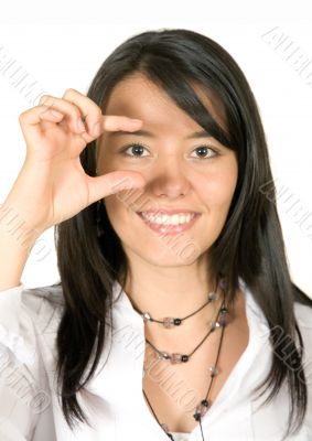 Business woman holding something with her fingers