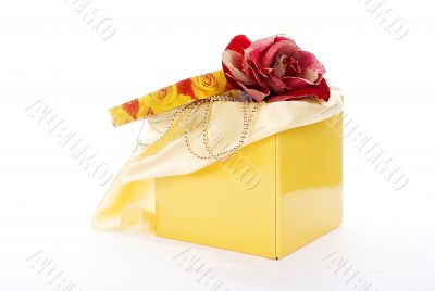 yellow fancy box with  red artificial rose