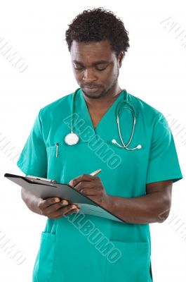 Young black doctor writing