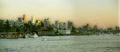 Sunset panorama, Seattle skyline, sailboats