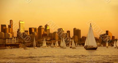 Sunset panorama, Seattle skyline, sailboats