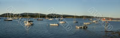 Boats at anchor,	in harbor