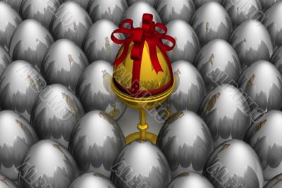One gold egg among metal. 3D image.