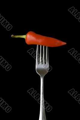 Red pepper on a silver for against a black background