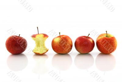 Apple core among whole apples