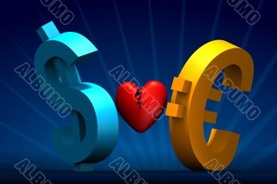 Dollar and Euro broken heart