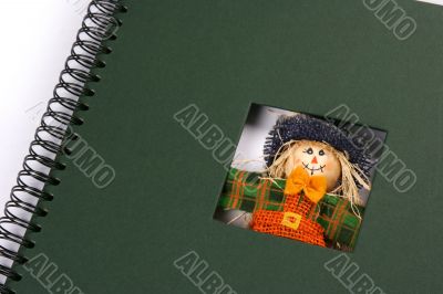 Framework album with colored scarecrow in green frame