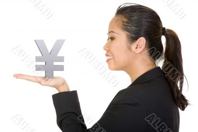 asian business woman holding a yen