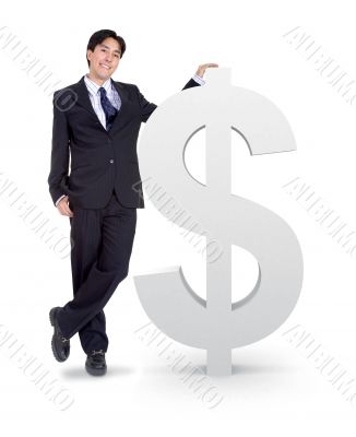 business man next to a money sign