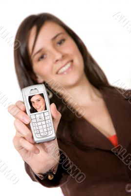 beautiful girl showing her photo on her mobile phone