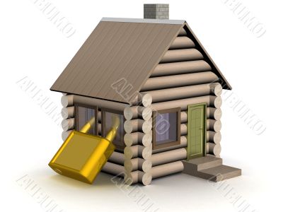 Wooden small house. The safety concept. 3D image. Wooden small house. The safety concept. 3D image.