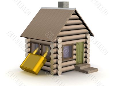 Wooden small house. The safety concept. 3D image.