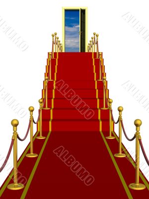 Red carpet path on a ladder with an open door against clouds