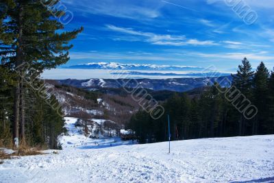 Panorama from ski slope to Rila Mountain