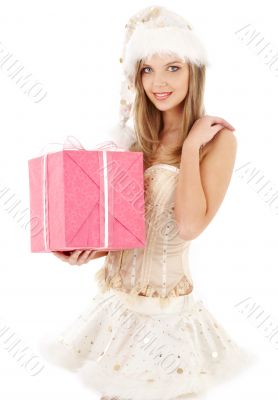 santa helper in corset and skirt with gift box