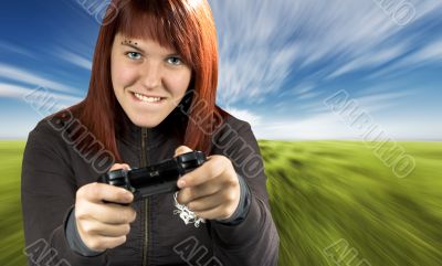 Girl playing video game console