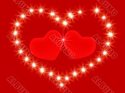 Two 3d red hearts in an environment of stars