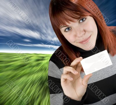 Successful girl holding a black business card Successful girl holding a black business card