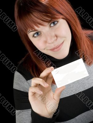 Successful girl holding a black business card