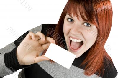 Cute redhead holding blank business card
