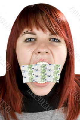 Girl biting a blank greeting card