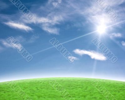 Beautiful blue and green background with sun flare