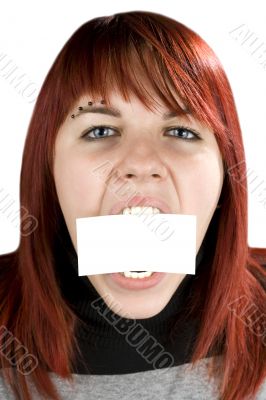 Girl biting a blank greeting card