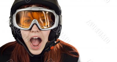 Cute girl with snowboarding helmet and goggles