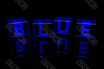 Word `Blue` made  of glass cubes