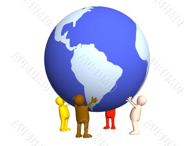 Four stylized persons holding on hands the Earth