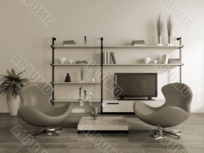 Modern interior (sepia) with armchairs