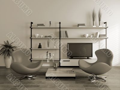 Modern interior (sepia) with armchairs Modern interior (sepia) with armchairs