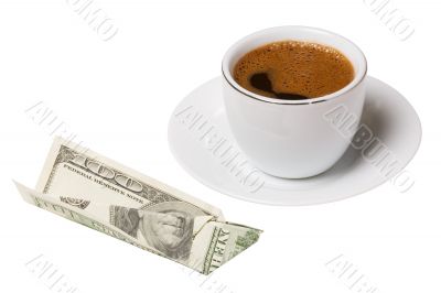 american dollars with white coffee cup