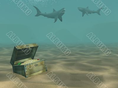 3d sharks floating above a box with treasures