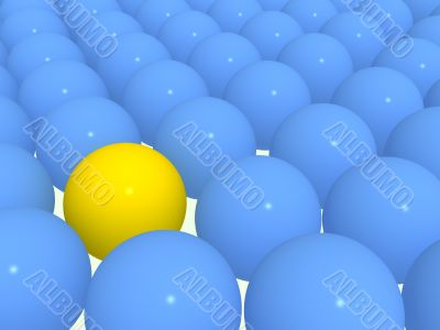 3d yellow sphere among blue spheres
