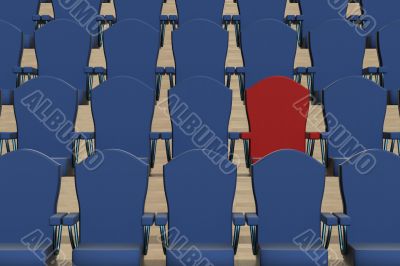 Rows of dark blue armchairs and one red. 3D image.
