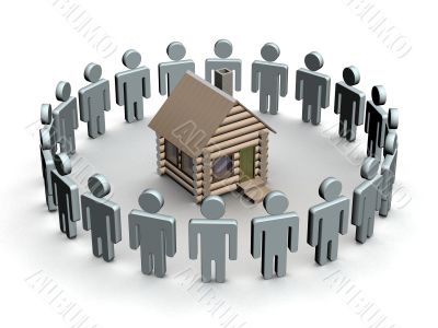 Group of people round a wooden small house. 3D image. Group of people round a wooden small house. 3D image.