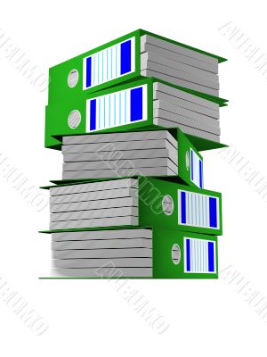 Row of green folders with documents on a white background