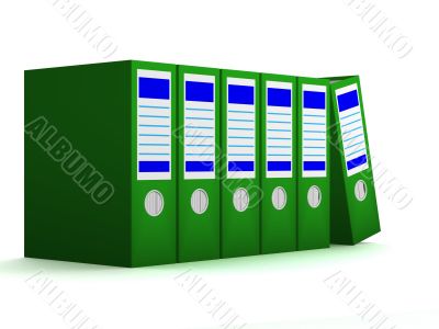Row of green folders with documents on a white background