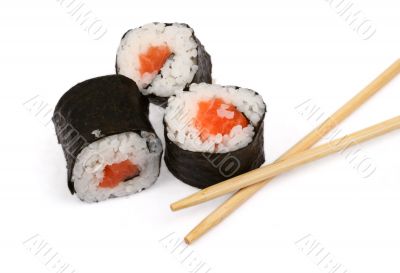 sushi and chopsticks on white