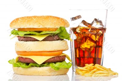 Double cheeseburger, soda and french fries