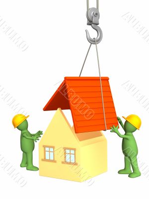 The 3d working puppets building the house